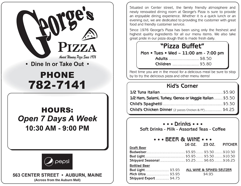 Menu Pizza Auburn, ME Pizza, Grinders, Pasta, Chicken